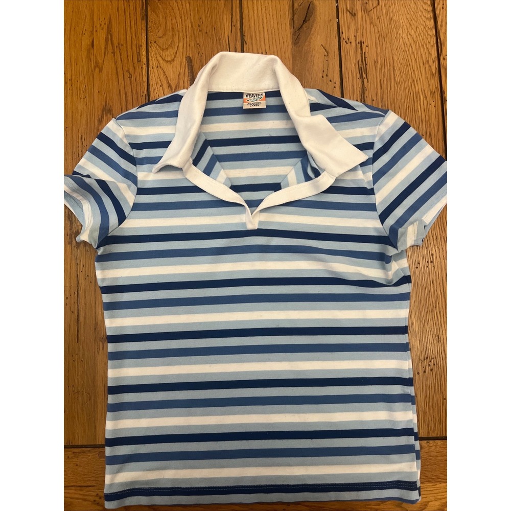 Vintage Weavers Girl Blue Striped Short Sleeve Polo Top V-Neck Large USA Made